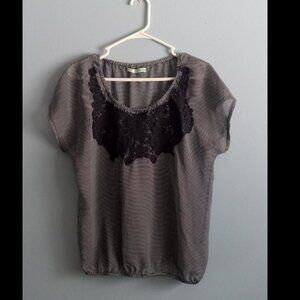 Maurices Short Sleeve Lace & Stripes Polyester Blouse Shirt M